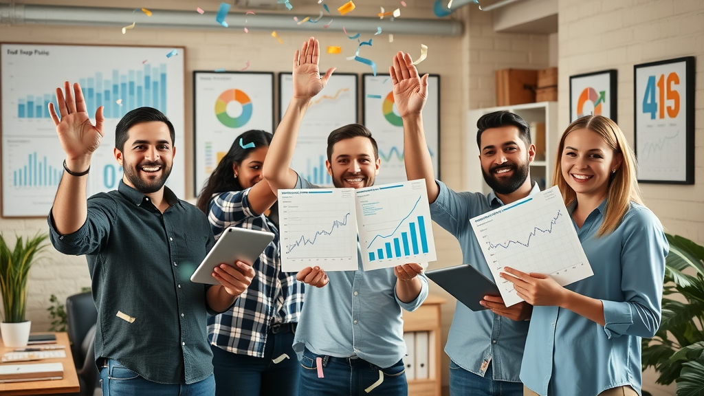 successful small business team celebrating positive ad spend budget allocation for ads, marketing budget success, ad spend efficiency