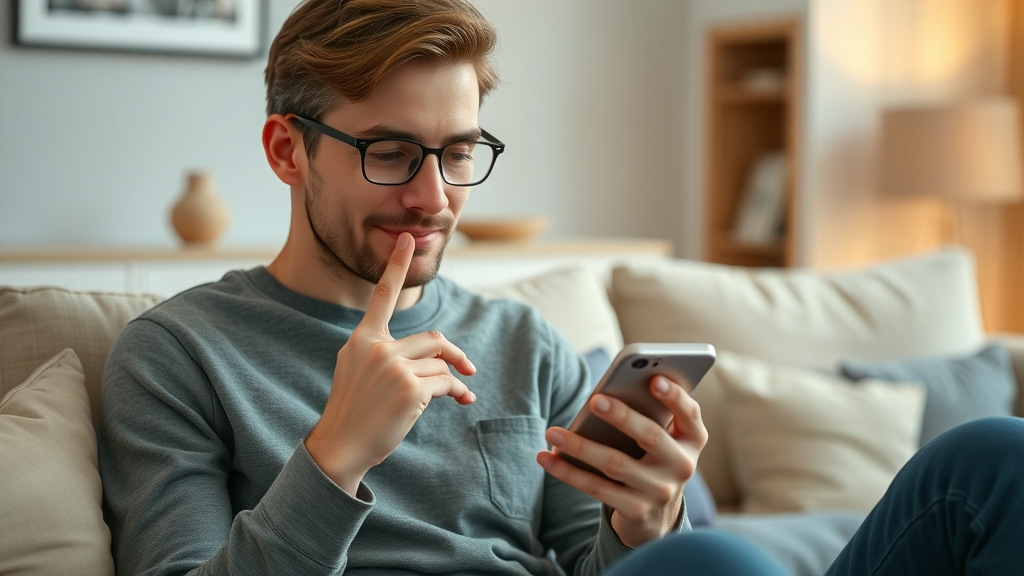 friendly user interacting with a mobile app, providing user feedback, modern living room, user experience design