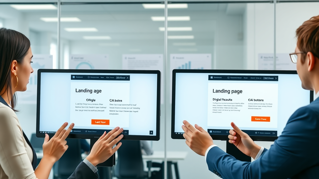 Split test landing page variants on digital screens, different CTA buttons, team reviewing ab test results in professional office