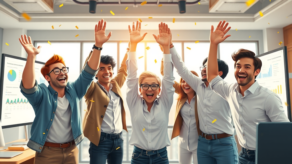 marketing team celebrating after a successful video advertising campaign, joyfully reviewing digital dashboards and results