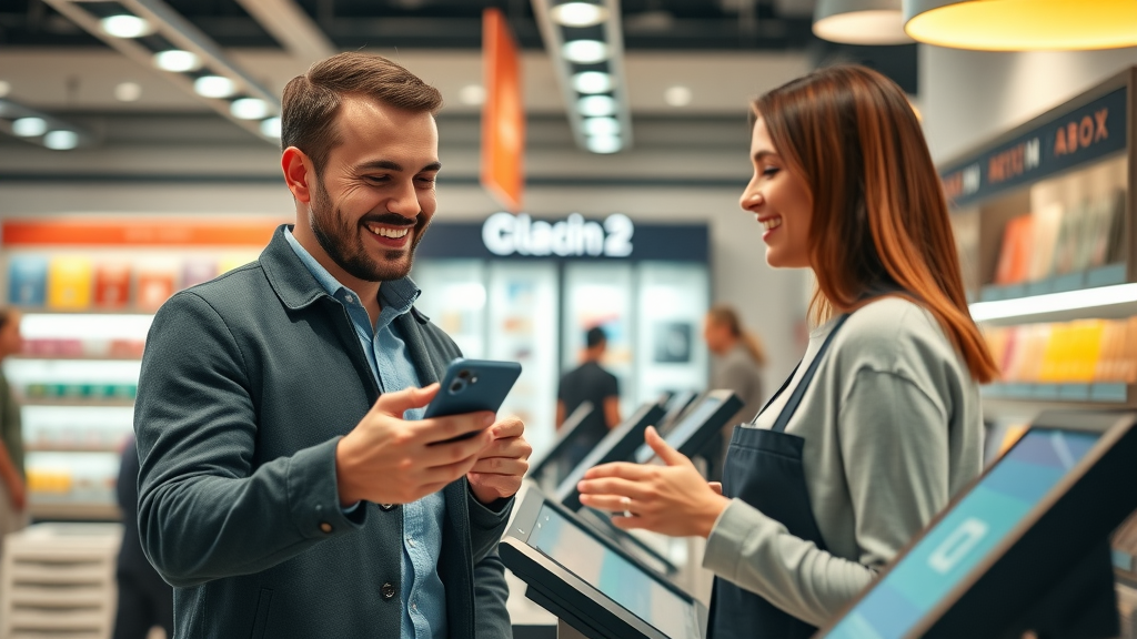 Customer scanning QR code to leave a review in a retail environment with helpful staff and digital displays