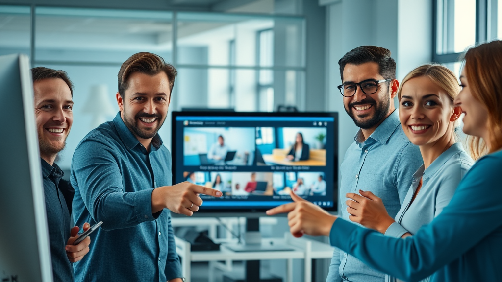 marketing team collaborating on brand storytelling through video in modern office environment