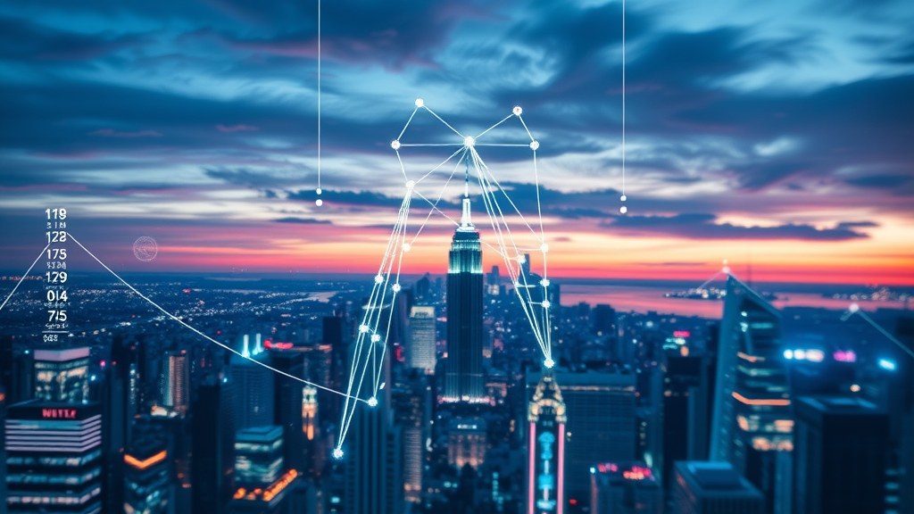 big data streams connecting in digital marketing network, vibrant city skyline