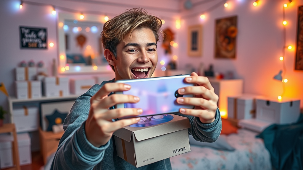 young influencer recording unboxing video for influencer marketing campaign on social media platform