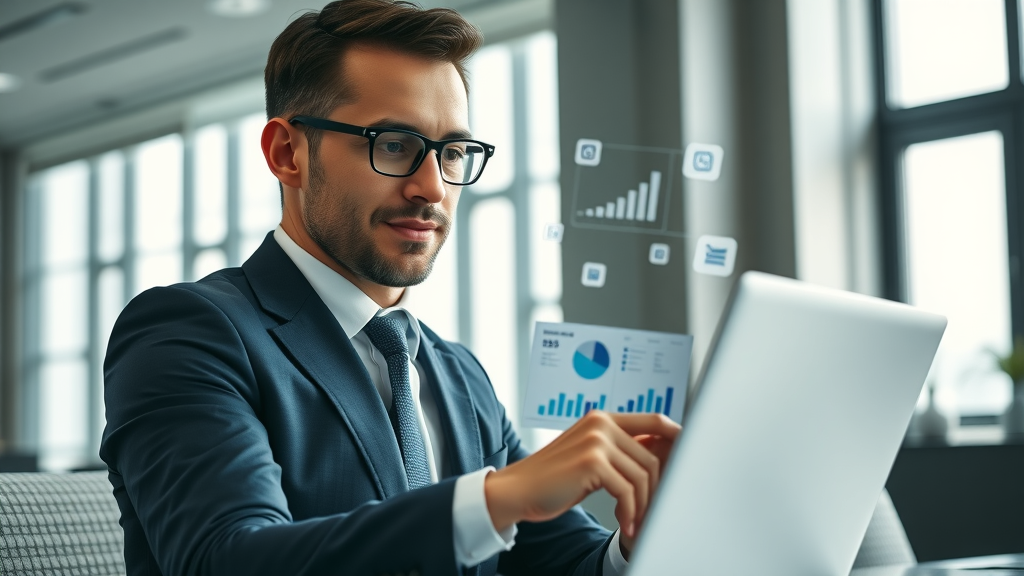 businessperson comparing social media platform dashboards, graphs and business icons on laptop