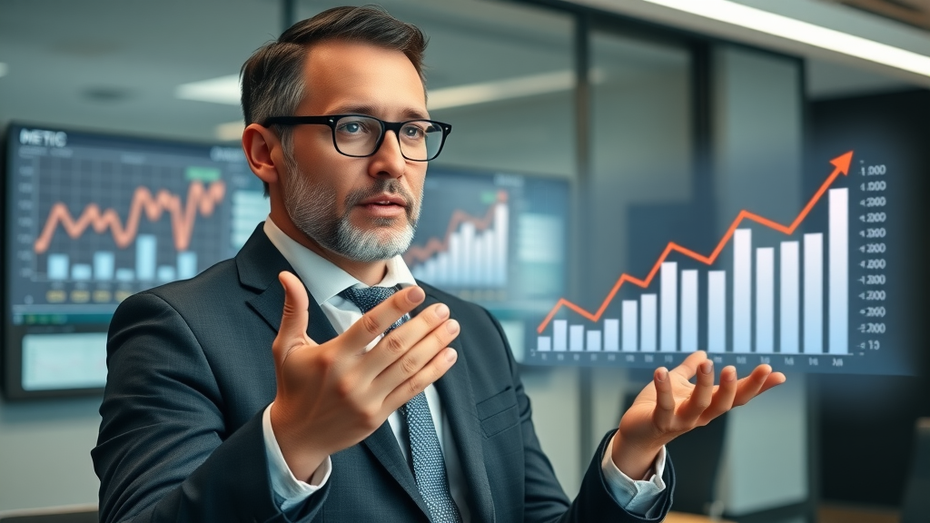Content marketing metric impact explained by strategist with upward trending graphs