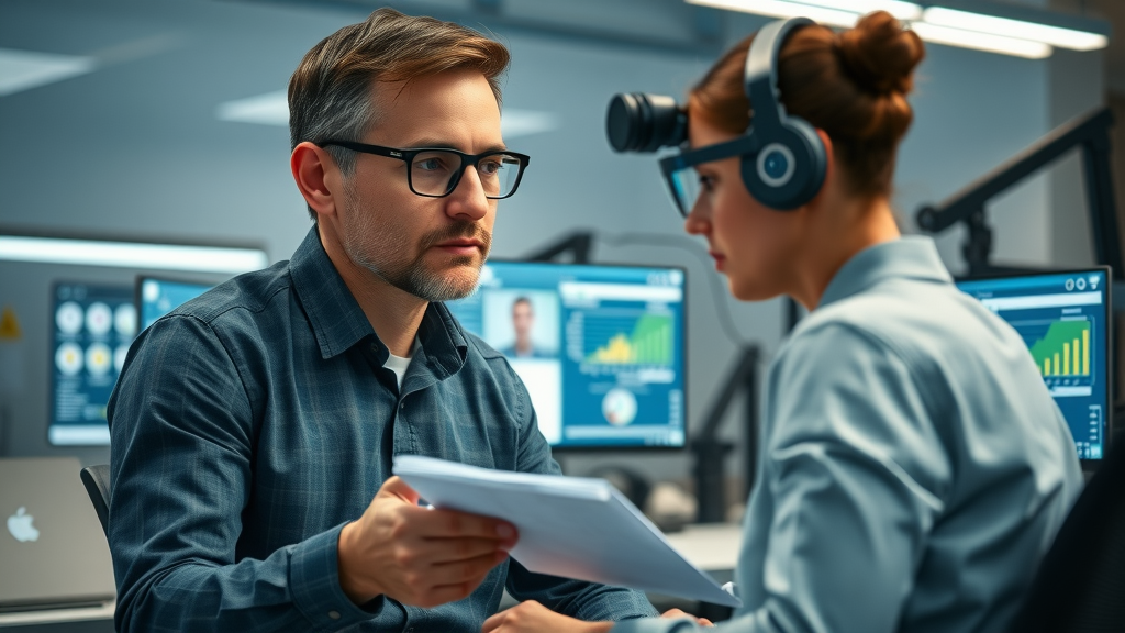 Professional UX researcher conducting usability testing, observing user for user feedback, tech lab environment