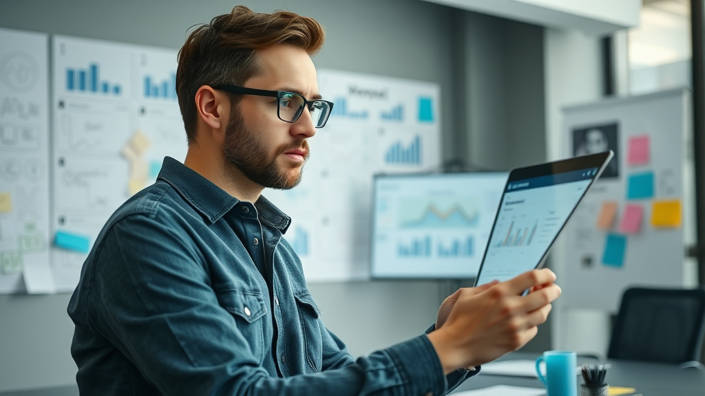 Product manager analyzing customer reviews on a digital dashboard to improve business products and services