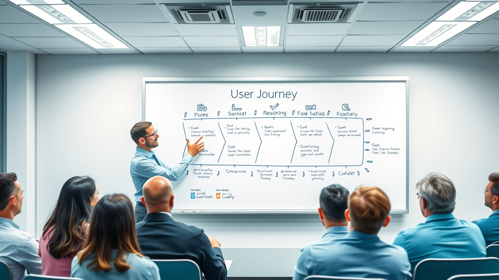 business analyst explaining user journey and engagement metrics to team, user engagement metrics chart
