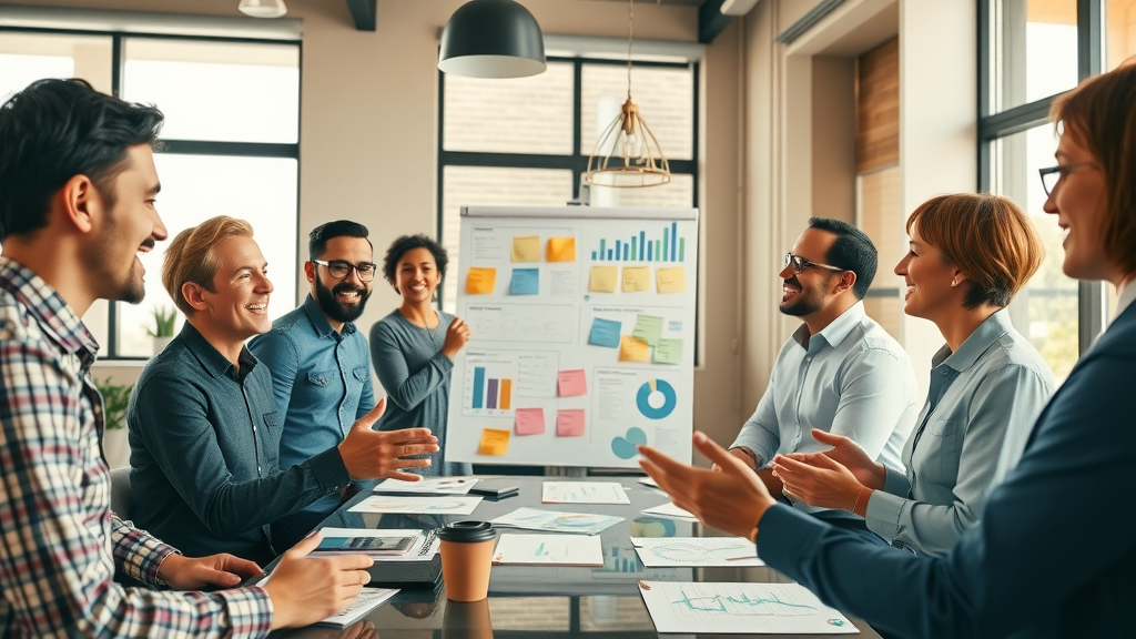 collaborative marketing team brainstorming sales funnel optimization ideas with charts