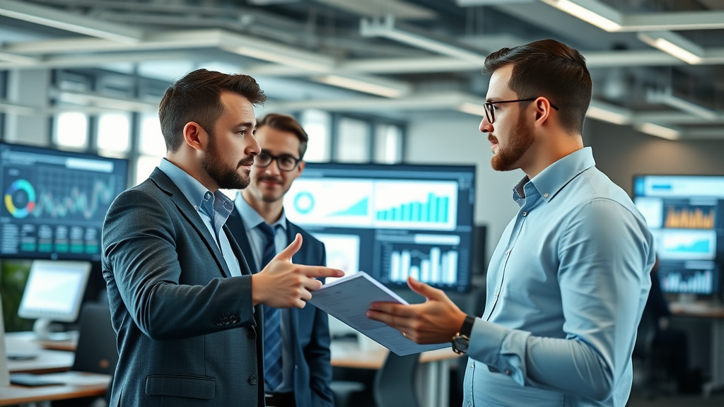 video marketing trends 2024 - dynamic corporate marketers analyzing video data charts in a modern open office setting