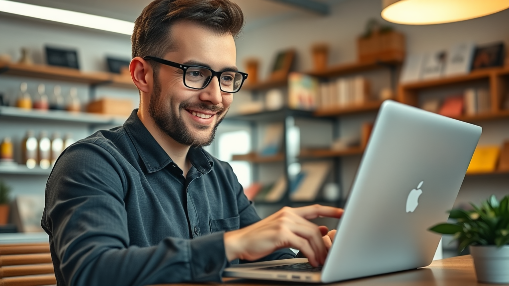 small business owner optimizing Google Business Profile for local SEO on a laptop in a cozy shop