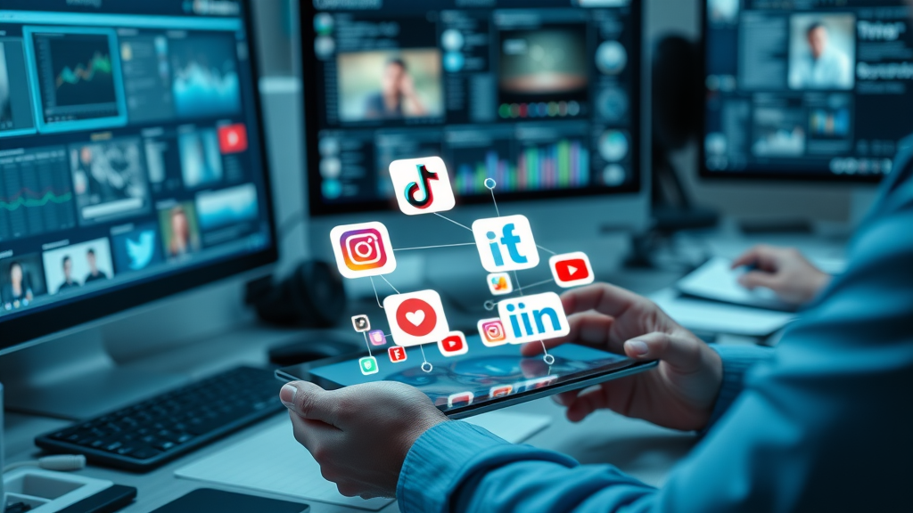 marketer arranging strategy for distributing video content across TikTok, Instagram, YouTube and LinkedIn