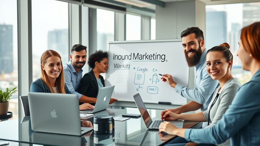 Inbound marketing team collaborating on strategies in a modern office, laptops, whiteboard, city view—dynamic digital marketing scene.