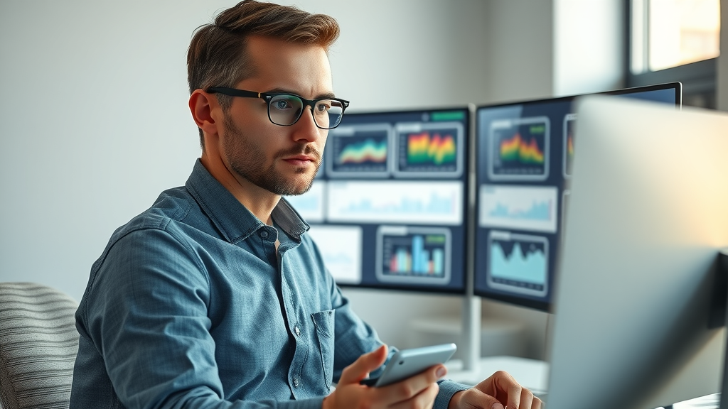 marketing data analyst interpreting video campaign data on dual monitors