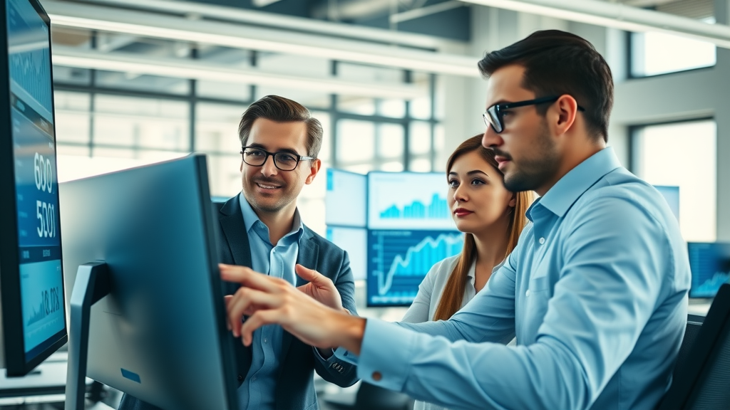 dynamic business team focused on PPC marketing data with digital screens