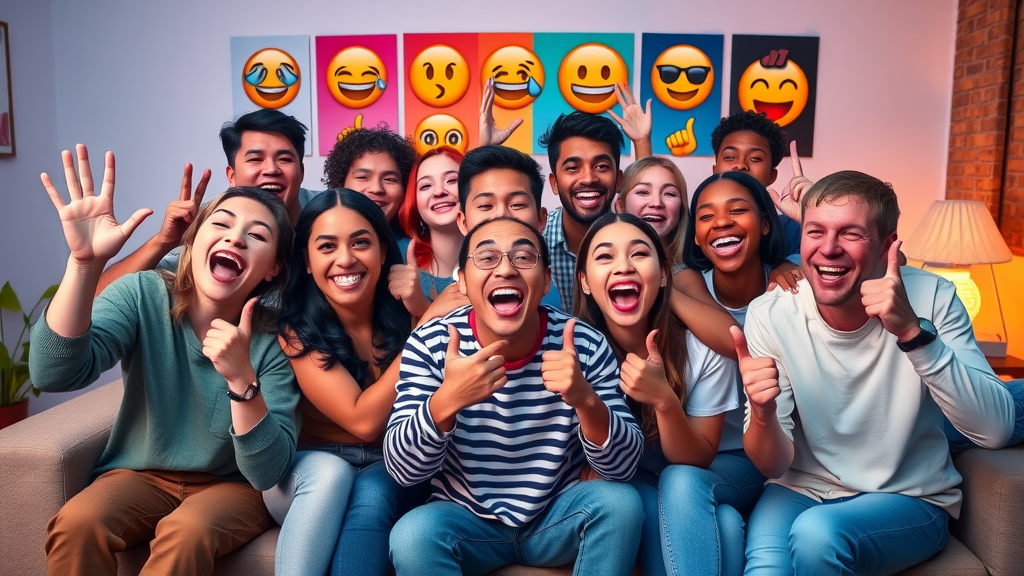 energetic group of diverse young adults, joyful meme poses, 3D cartoon style, viral hooks for youtube shorts, colorful living room, meme posters