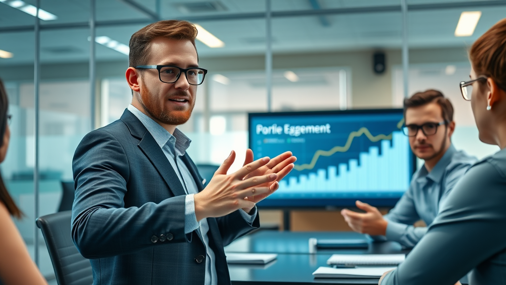 confident digital strategist presenting digital growth graph, SEO content optimization team meeting