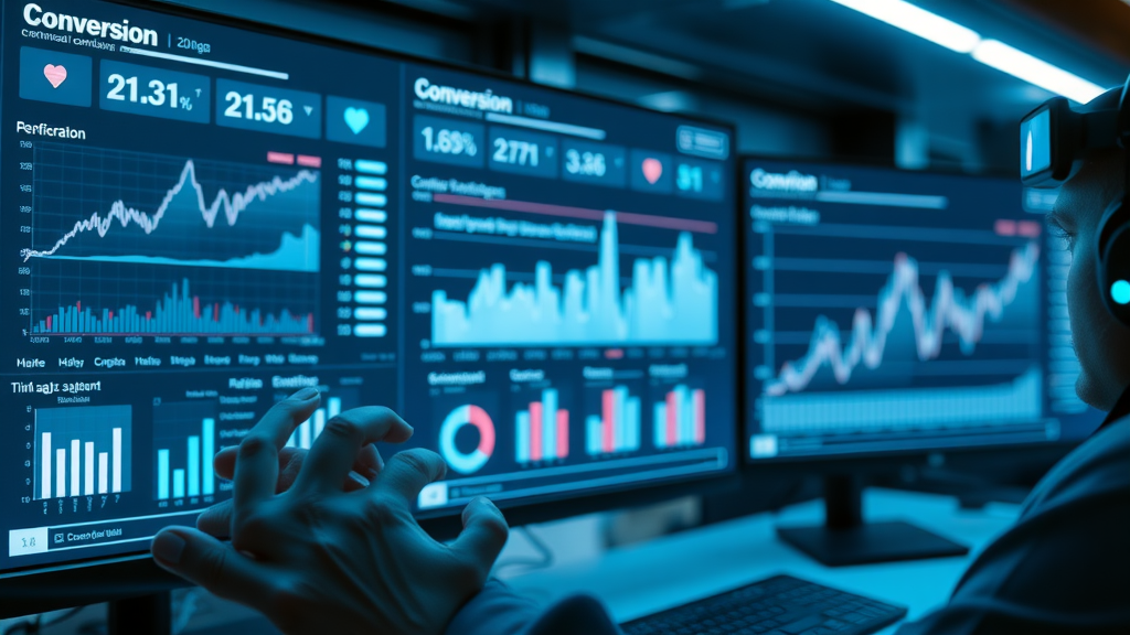 Dynamic digital dashboard displaying website conversion rate and analytics metrics in a tech workspace, with interactive blue and silver data visualizations.