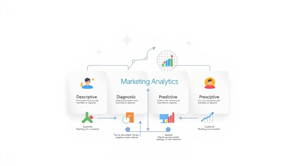Infographic showing four types of marketing analytics: descriptive, diagnostic, predictive, prescriptive