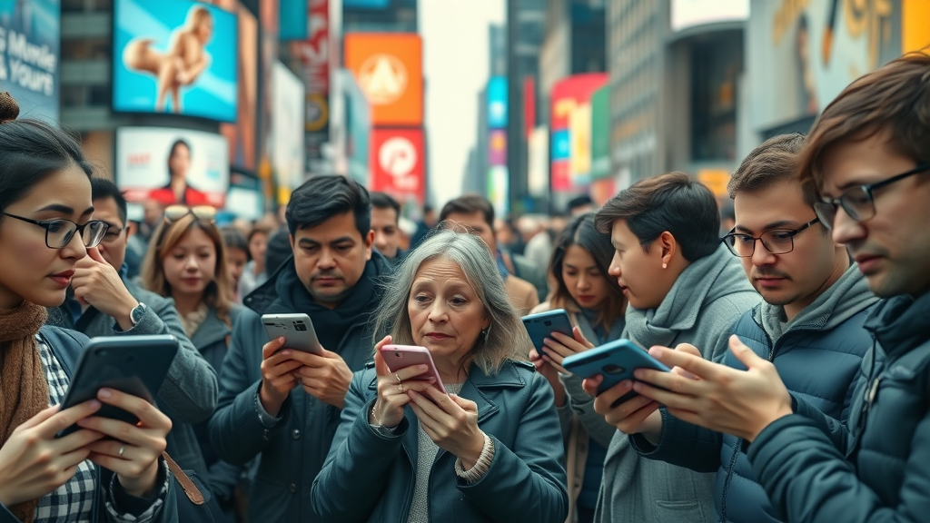 Diverse group in a busy city viewing digital devices with paid ads and campaigns, high detail, billboards and digital screens in the background