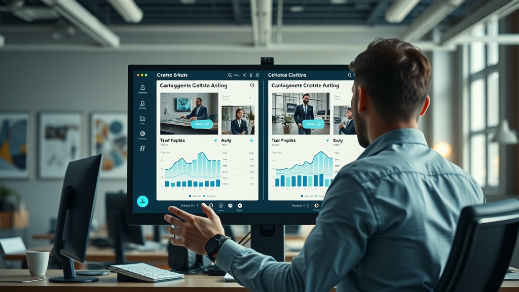 Marketer A/B testing two different social media ads, reviewing performance analytics on a large monitor, modern digital agency setting, focus on creative differences and successful media ad optimization