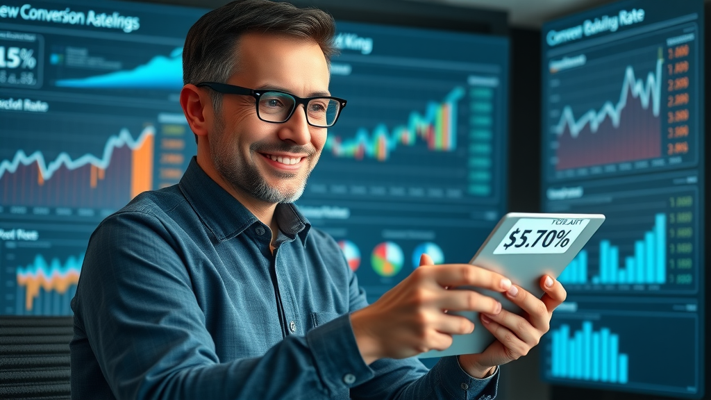 Business analyst reviewing conversion rate graphs showing impact of social proof on performance in a digital workspace