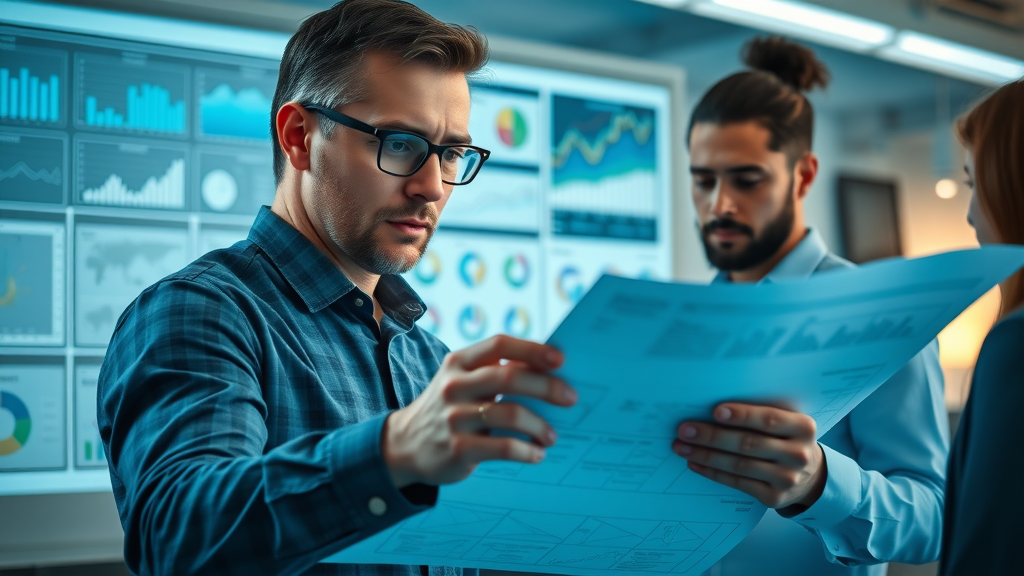 professional marketer analyzing influencer marketing strategy blueprint with team in modern office