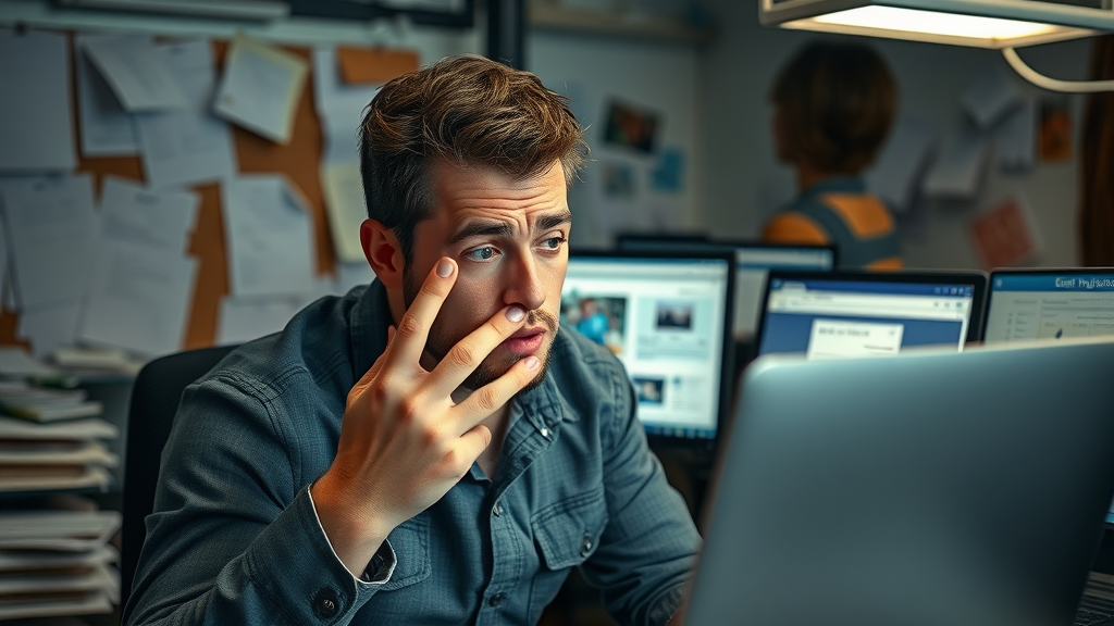 frustrated website user struggling to navigate a poor user experience on cluttered digital interface