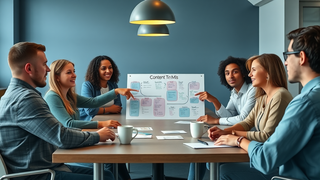 diverse creative team brainstorming a content strategy roadmap for their business goals