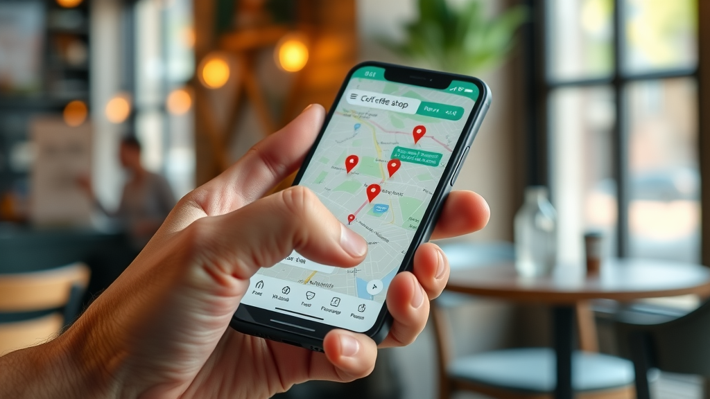 user searching for best coffee shop near me using local SEO on a smartphone in a cafe with a digital map