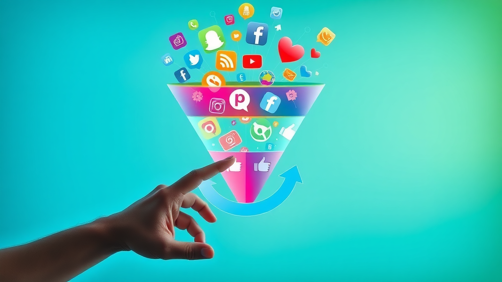 Vivid funnel diagram of social media platforms, arrows showing lead movement, social media lead generation