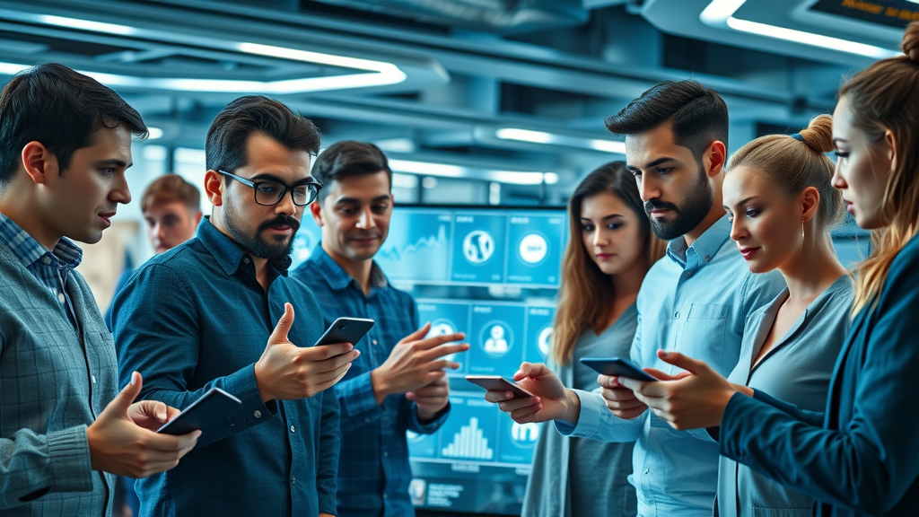 diverse group of social media marketers collaborating with analytics dashboards and mobile devices
