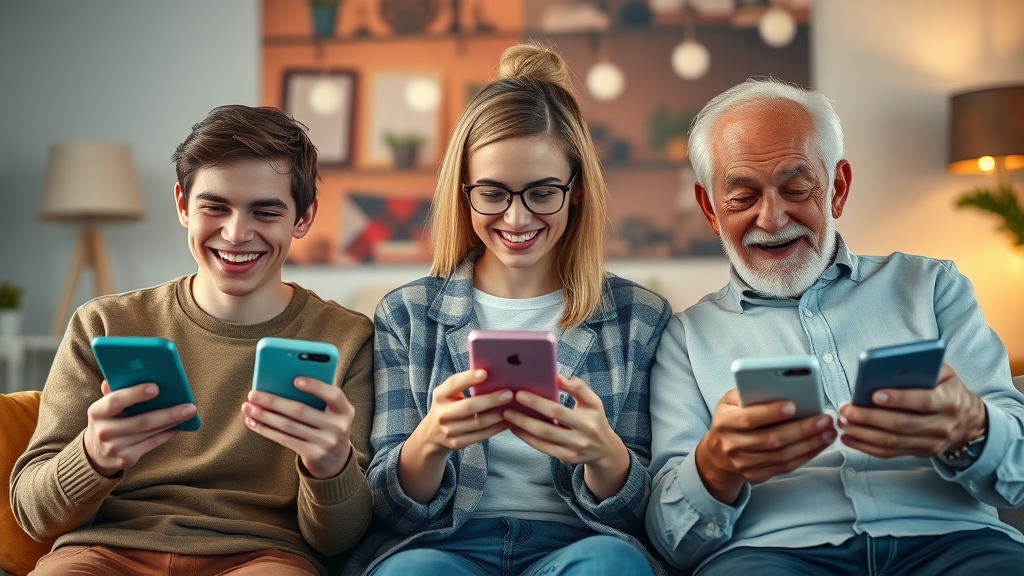 Gen Z, Millennials, Boomers each using their preferred social media, glowing notification bubbles