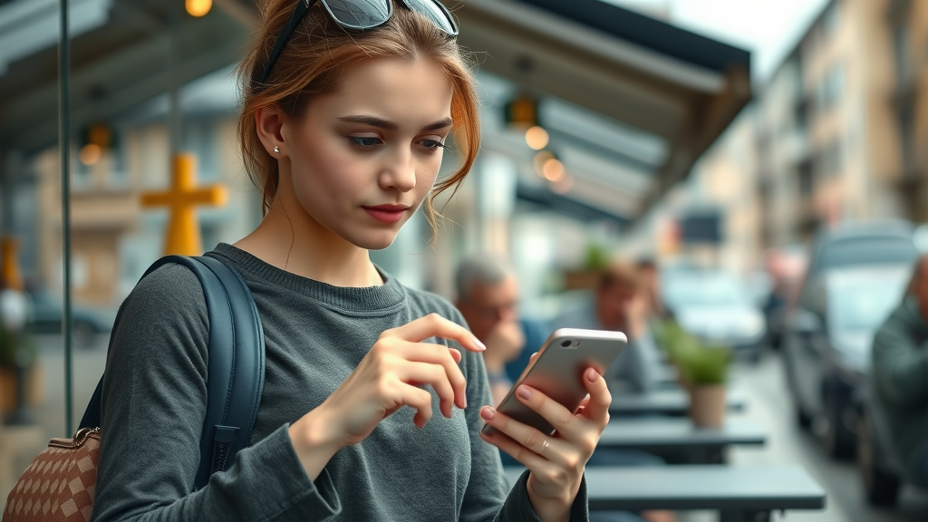 mobile search optimization for local business, young shopper browsing local businesses on smartphone in urban scene