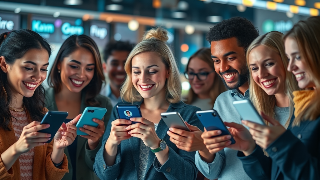 social media platform interface, people engaging, sharing and reacting to smartphone content