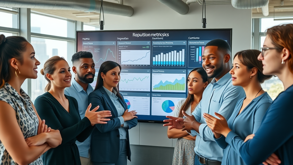 Diverse marketing team reviewing digital reputation metrics and sentiment analysis on a wall-mounted dashboard