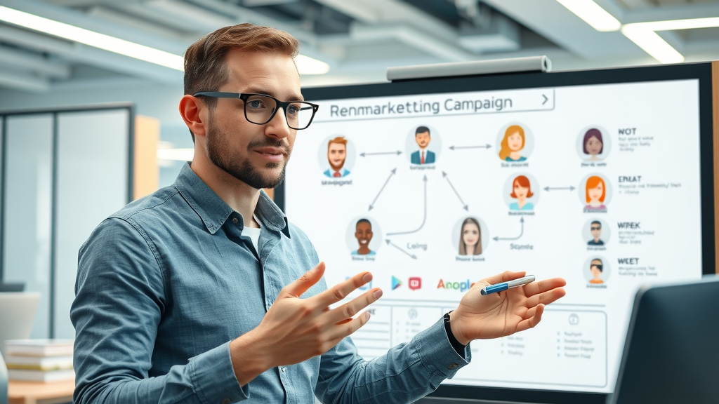 digital marketing specialist designing remarketing campaign flow with user avatars