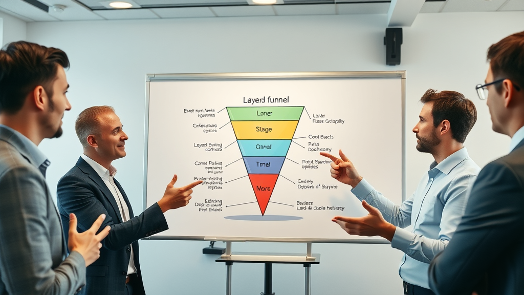 conversion funnel conceptual diagram with business professionals discussing strategies