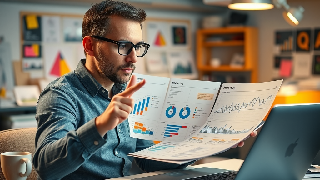 marketing analyst reviewing detailed buyer persona sheets to refine social media marketing strategy and target audience accuracy