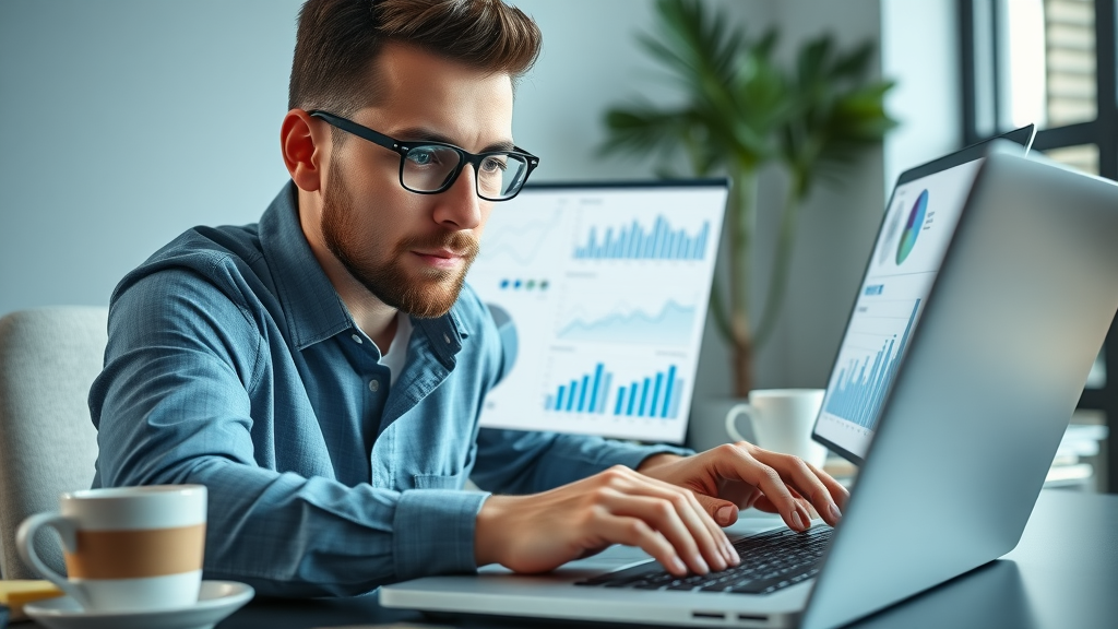 Marketer analyzing digital content creation audience with analytics dashboard and demographic charts on a laptop