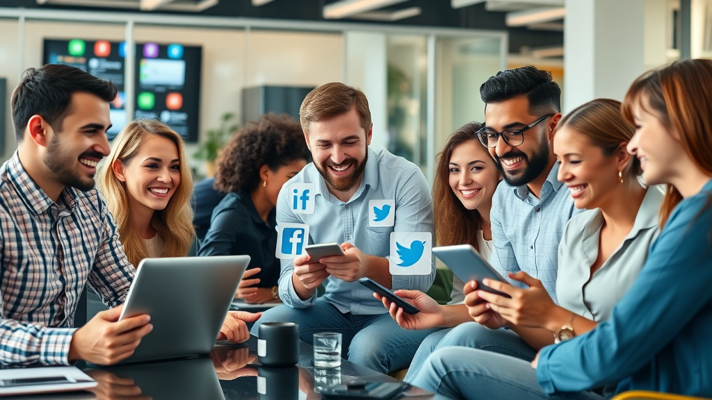 dynamic team of diverse marketers planning social media marketing campaigns, digital office with social icons, brainstorming session