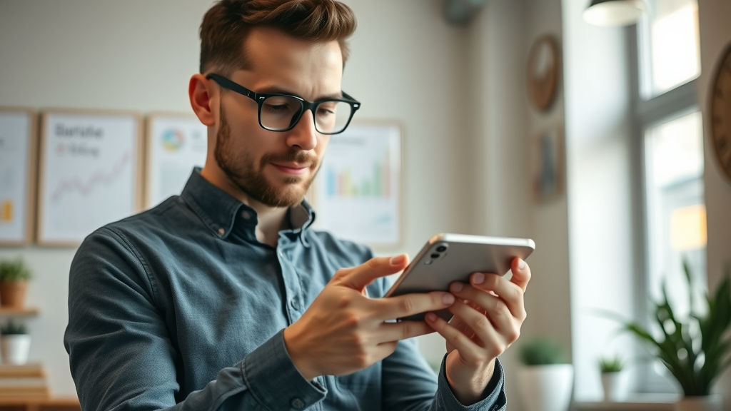 business owner optimizing Google Business Profile for mobile local SEO on smartphone, showing positive analytics
