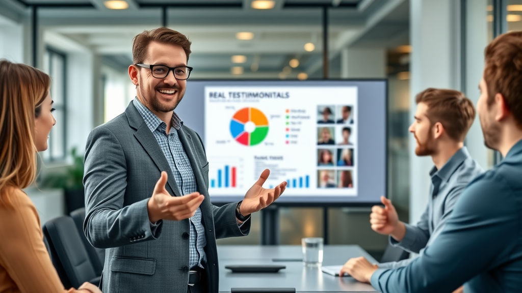 Marketing specialist presenting data-driven testimonial charts to a team to showcase the impact of social proof