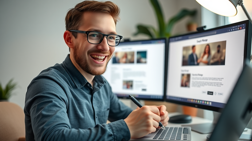 marketer writing an engaging blog post and fine-tuning a high-converting landing page design
