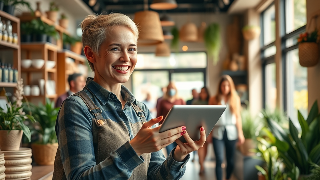 small business owner cheerfully posting engaging content on a tablet for social media marketing