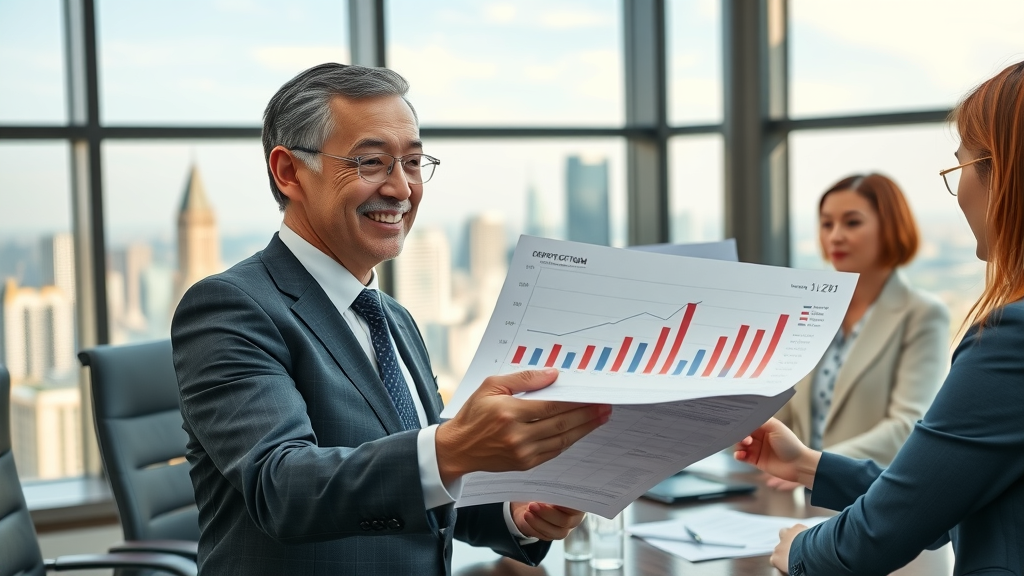 Executive and team reviewing business growth with marketing analytics charts