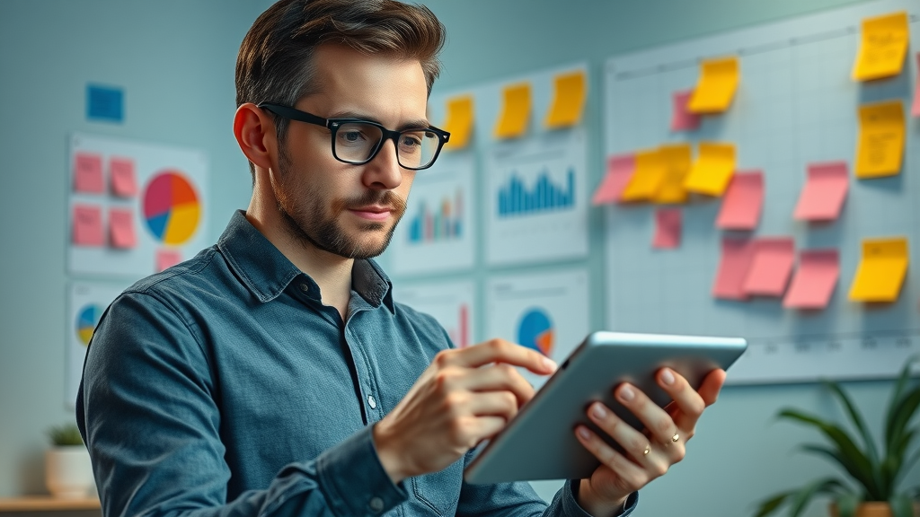 Content creator analyzing video analytics and storyboards for content strategy