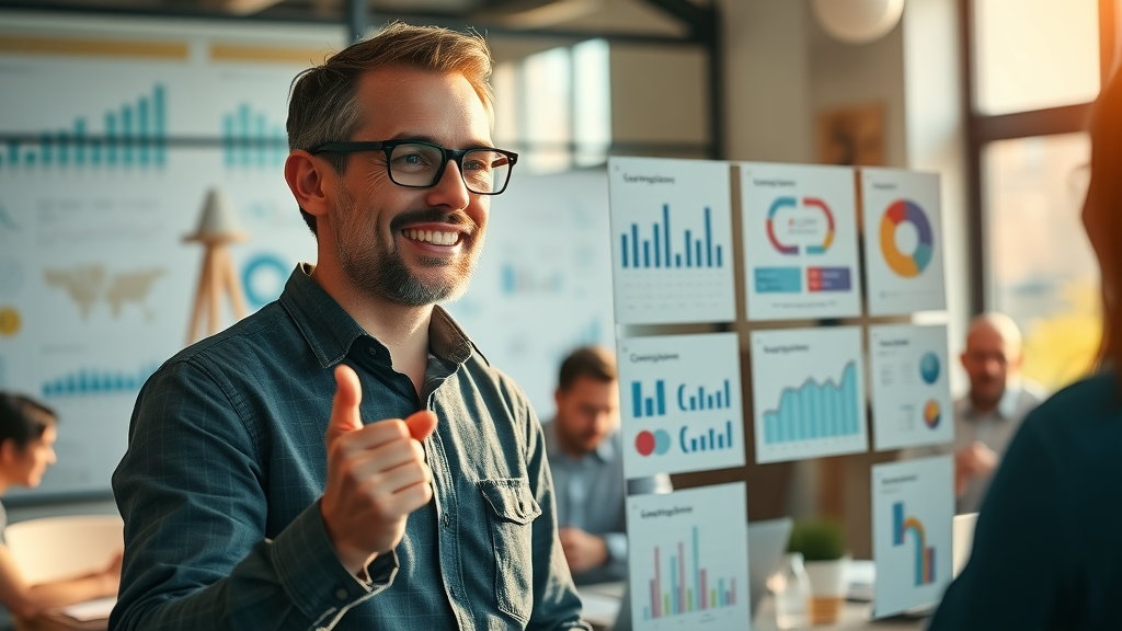content strategist summarizing successful video advertising campaign results on a glass board with data visualization