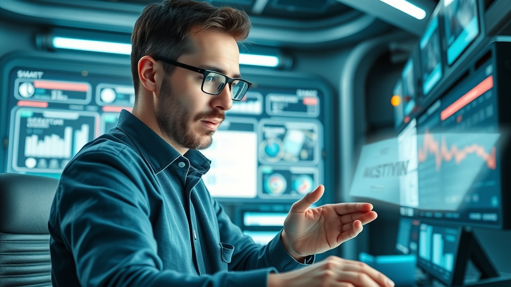 digital marketer reviewing automated campaign optimization results on futuristic dashboard
